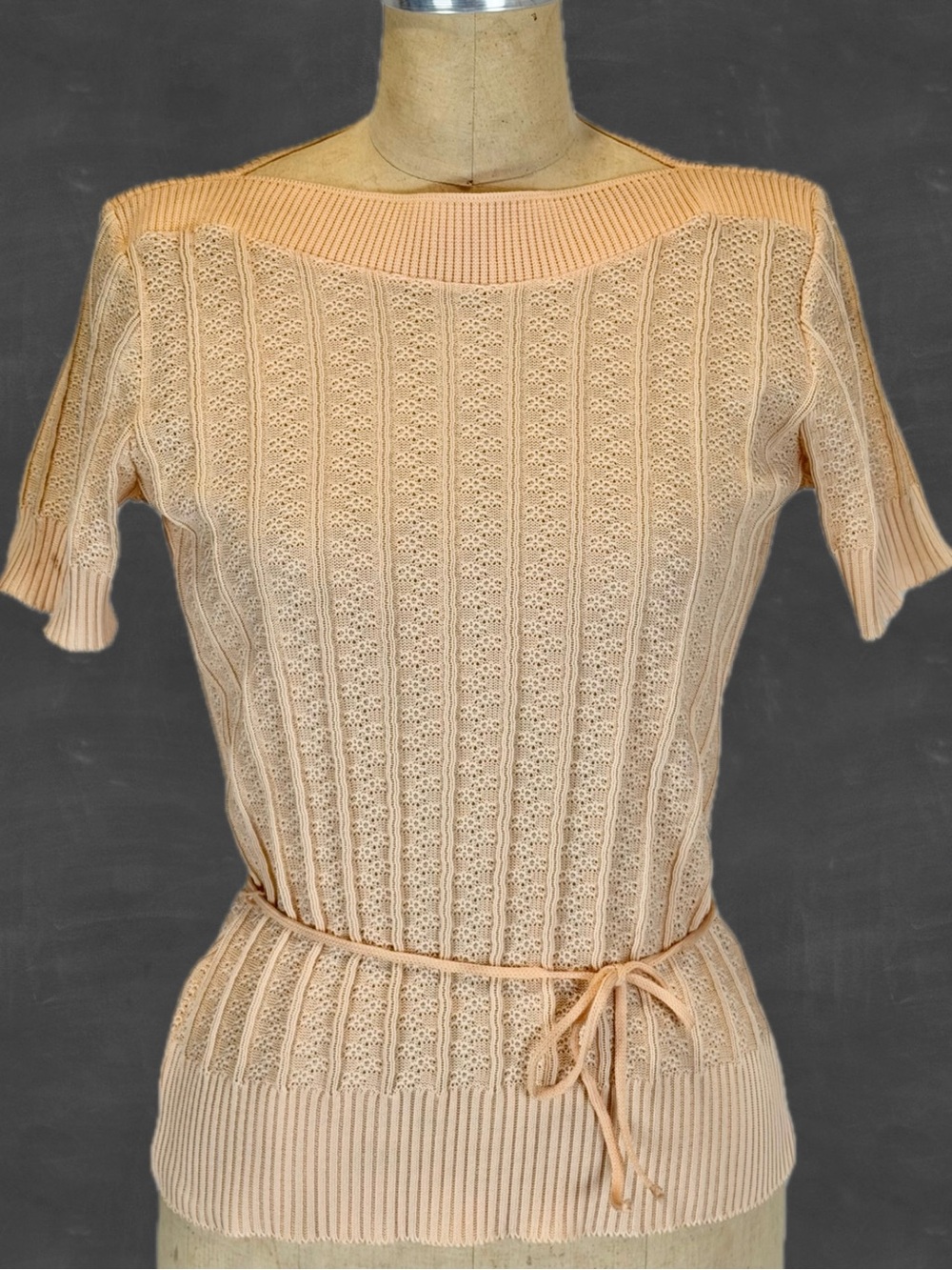 VINTAGE 80s melon peach knit ribbed sweater short sleeve boatneck tie waist 70s